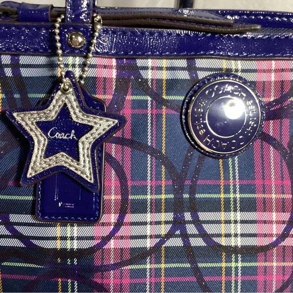 Coach Legacy Blue Plaid Sig C Canvas with Leather Shoulder Bag G1276-F20040 EUC - Picture 3 of 12